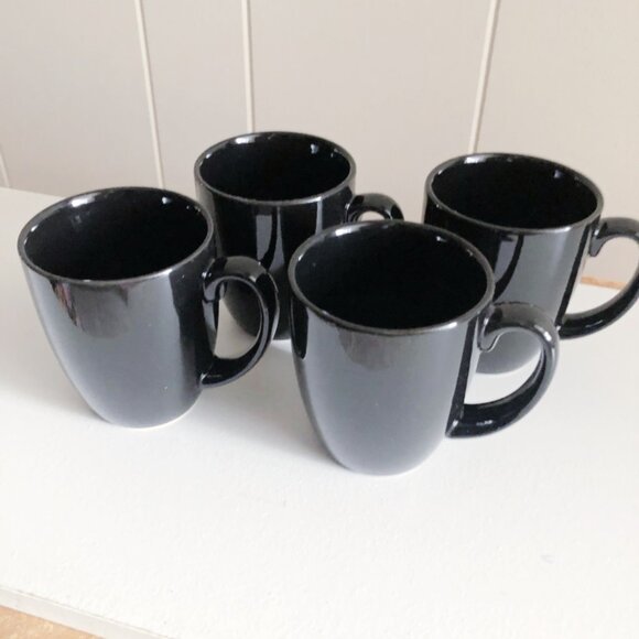Vintage 90s Corelle Coordinates Stoneware Mugs Black Ceramic Set of 4 - Picture 3 of 5
